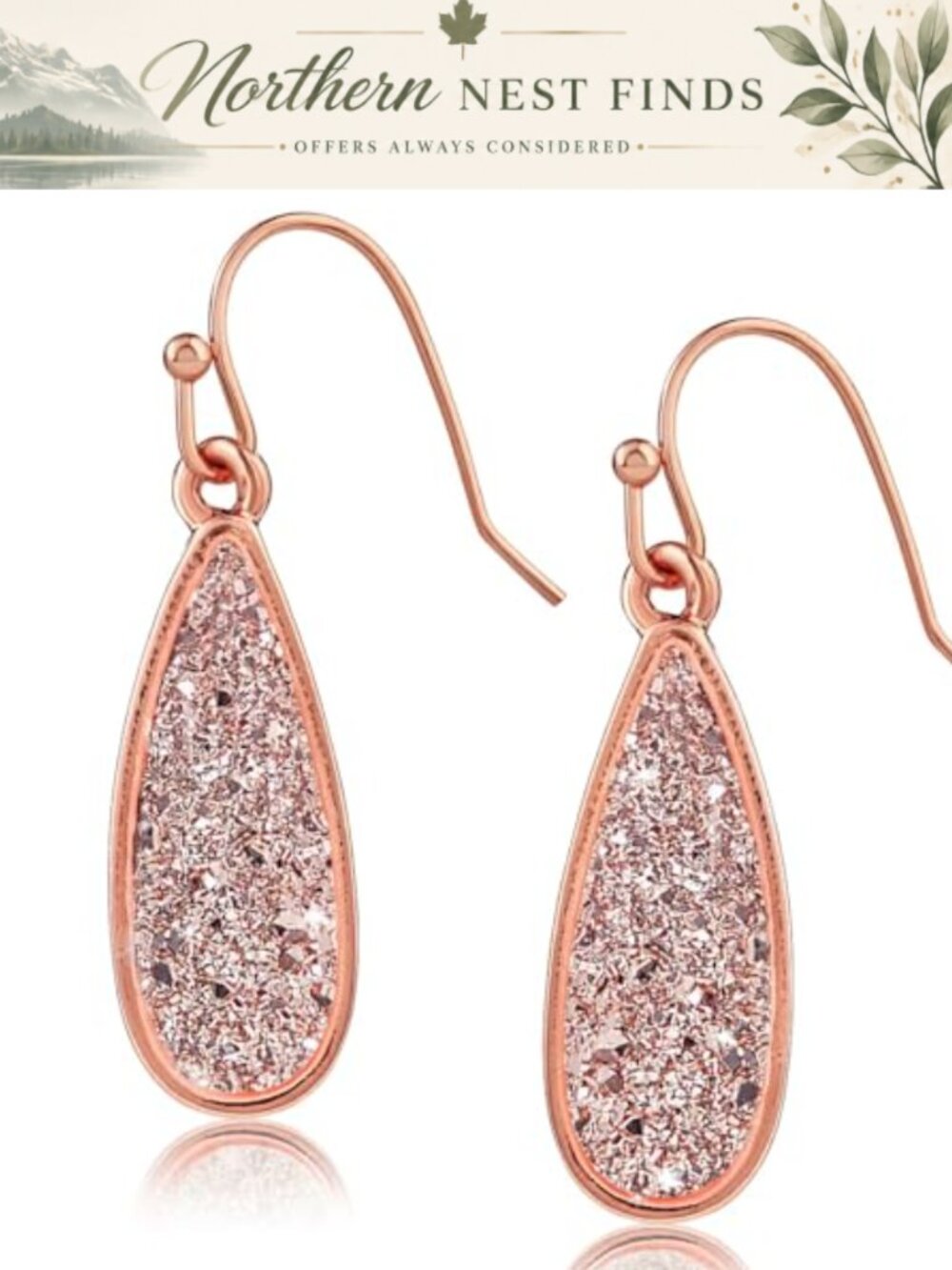 Teardrop Dangle Earrings with Simulated Druzy Stones, 14K Rose Gold Plated